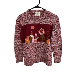 Here And There Marled Red Knit Sweater Red Village Scene Acrylic Comfort Cozy